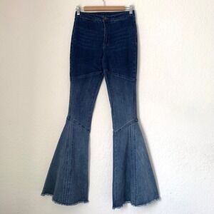 Saints & Hearts Flare Jeans Women M Blue High Rise Bell Bottom Raw Hem Patchwork
